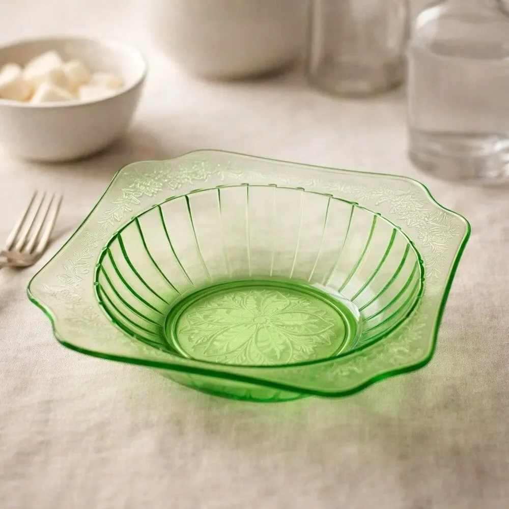 Jeannette Adam Uranium Vaseline Glass Bowl 8” Square Depression UV Glow Green - Picture 2 of 9